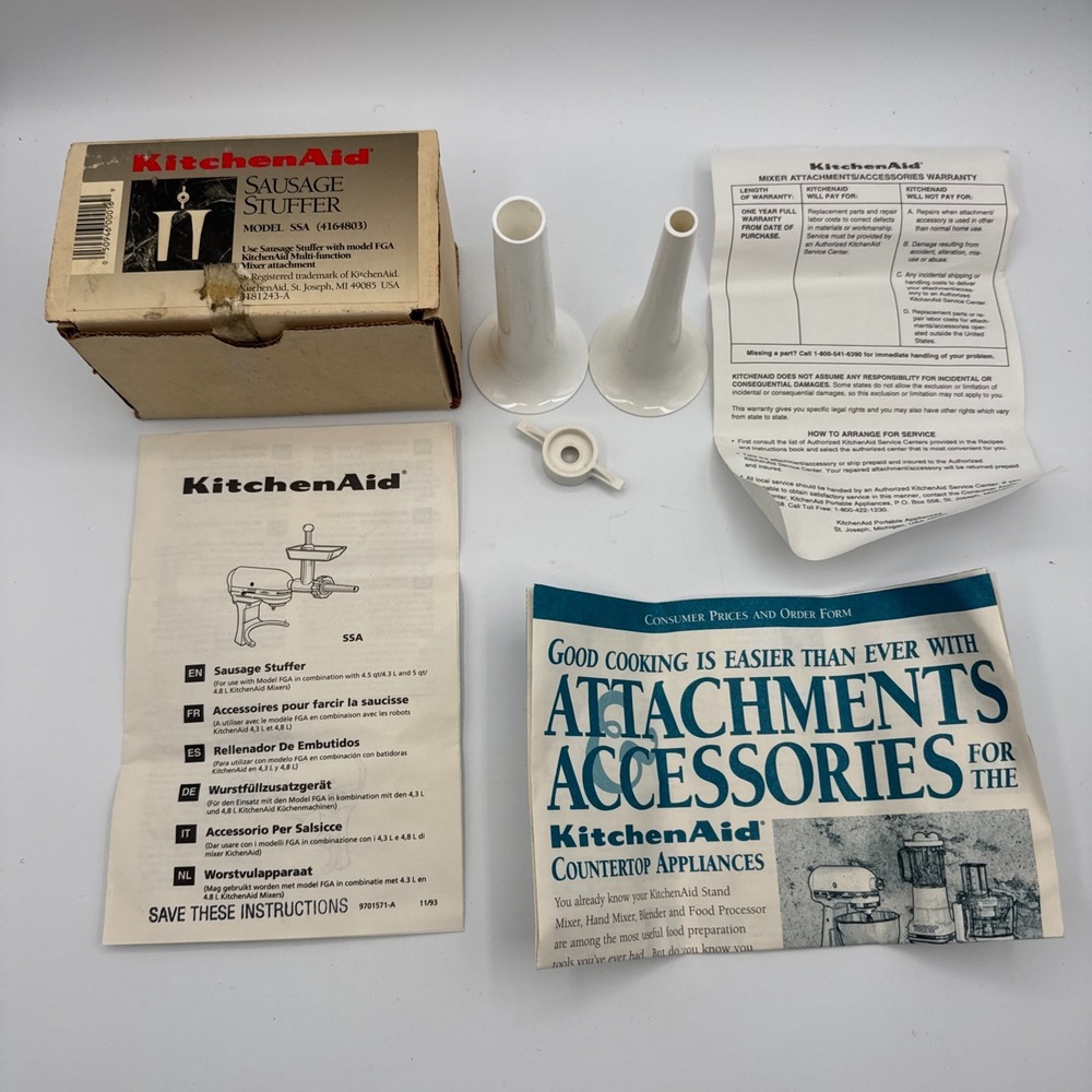 KitchenAid Stand Mixer Attachment SSA Sausage Stuffer Paperwork & Box - 3 Pieces